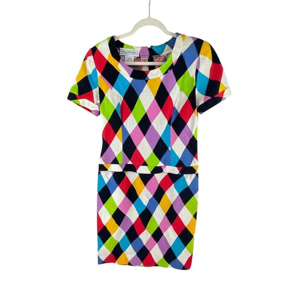Maggy Boutique 980s Colorful Mardi Gras Pattern Short Sleeve Sheath Dress Size 8 - Picture 2 of 10